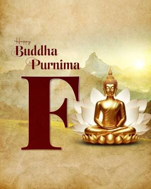 Buddha statue on a lotus flower with a landscape background and the text 'Buddha Purnima'
