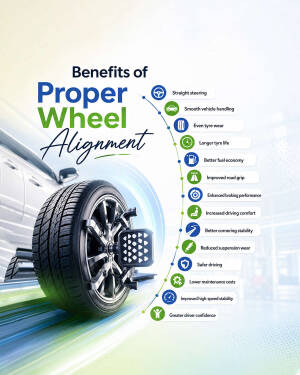 Infographic showing the benefits of regular vehicle wheel alignment including better fuel economy and safety.