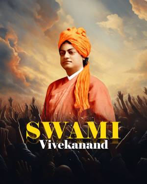 Portrait of Swami Vivekananda with a crowd in the background