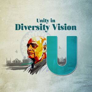 Portrait of Sardar Vallabhbhai Patel with the letter 'U' and Indian landmarks