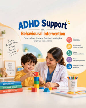 A therapist working with a young child on block-building exercises to improve focus and skills as part of an ADHD support program.