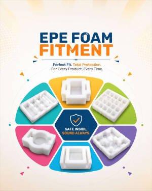 Various white EPE foam protective packaging fitments arranged in a hexagonal collage