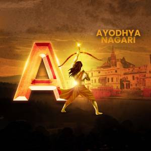 Illustration of the letter 'A' with a depiction of Lord Rama drawing a bow, set against the backdrop of Ayodhya.