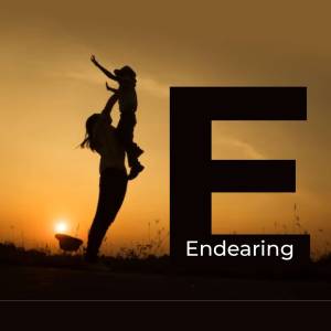 Silhouette of a mother lifting her child against a sunset with the letter 'E'