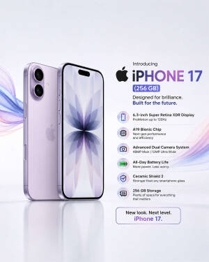 Apple iPhone 17 conceptual smartphone in lavender color with specifications list