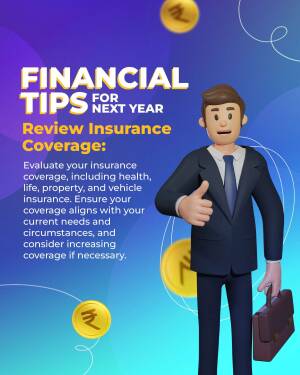 Illustration of a businessman giving a thumbs up with text about financial tips and insurance review.