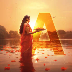 Woman in traditional Indian attire offering fruits and flowers in water with a large 'A' symbol overlay.