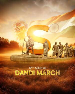 Poster commemorating the Dandi March with Mahatma Gandhi and the Indian flag