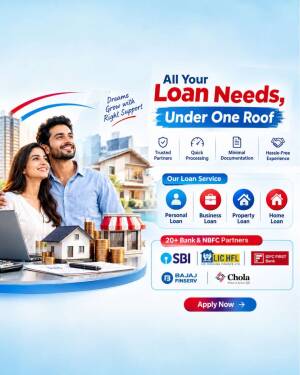 A happy couple looking at loan options on a laptop with loan service icons and partner banks listed