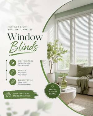 An advertisement for modern window blinds featuring a minimalist room with white blinds, a sofa, and green decorative accents.