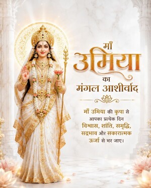 Goddess Maa Umiya standing with blessings and lotus flower in a divine background