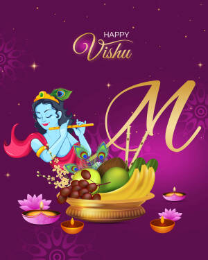 Vishu greeting with Lord Krishna and festive fruits