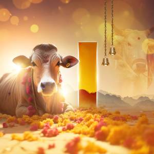 A serene image of a cow lying down amidst marigolds with a golden glow and traditional decorations.