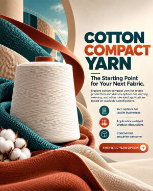 Spool of cotton compact yarn with textile textures and marketing text overlay