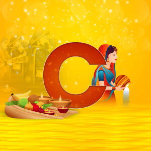 Illustration depicting Chhath Puja rituals with a large letter 'C' in the foreground.
