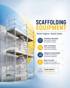 A tall metal construction scaffolding unit set against a light background with key features listed