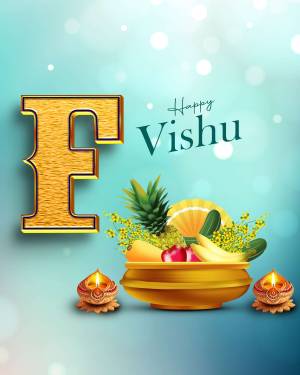 Letter F with Vishu decorations including fruits, flowers, and lamps