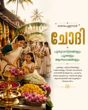 A woman and a girl shopping for flowers in a traditional Kerala market during the Onam festival.