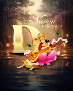 Illustration of Goddess Saraswati with the text 'Happy Vasant Panchami'
