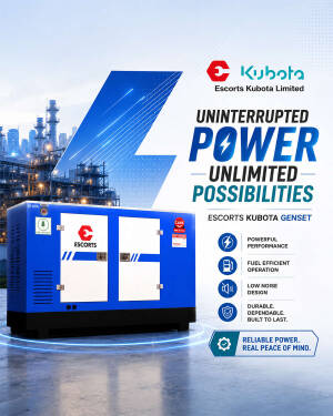 A professional marketing graphic for Escorts Kubota Limited featuring a blue diesel generator in front of an industrial facility, highlighting power generation features.