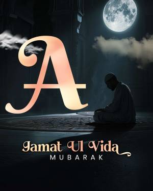 Image depicting the letter 'A' with a person praying in front of a mosque under a full moon, with the text 'Jamat Ul Vida Mubarak'