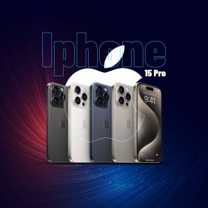 iPhone 15 Pro in multiple colors displayed against a vibrant background
