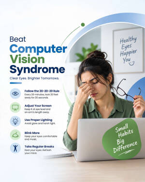 A woman rubbing her tired eyes while working on a laptop, alongside an infographic explaining ways to prevent computer vision syndrome.