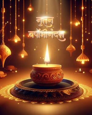 Diwali greeting with a lit lamp and decorative elements