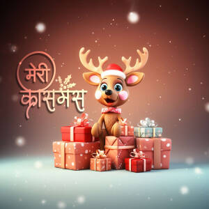 A 3D rendered reindeer wearing a Santa hat sitting on a stack of Christmas gifts with 'Merry Christmas' written in Hindi.