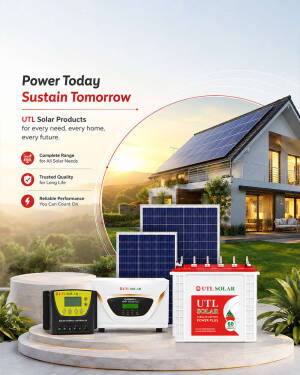 UTL solar panels, inverter, and battery displayed in front of a modern house at sunset
