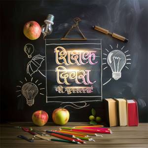 Teachers Day celebration with books, apples, and light bulbs on a chalkboard