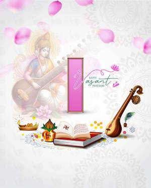 Vasant Panchami celebration with Goddess Saraswati, musical instruments, and books