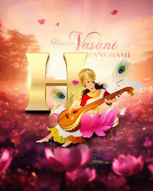 Vasant Panchami greeting with Goddess Saraswati and floral design