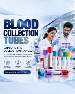Professional laboratory technicians handling medical blood collection tubes in a clean clinical environment.