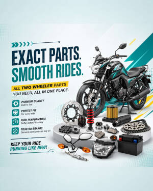 A promotional poster featuring a motorcycle and various spare parts like filters, chain, battery, and lights with the headline Exact Parts Smooth Rides