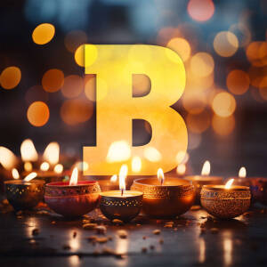 Large yellow letter B with blurred candle lights in the background