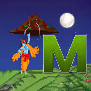 Illustration of Lord Krishna raising his finger towards a mountain and the letter M