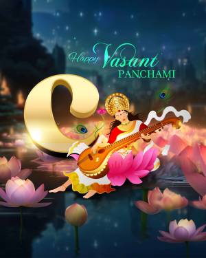 Illustration of Goddess Saraswati playing the veena with the words 'Happy Vasant Panchami'
