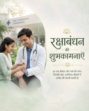 A female patient tying a Rakhi on a doctor's wrist with Raksha Bandhan text