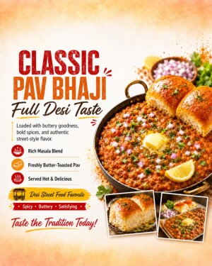 A promotional advertisement for delicious Classic Pav Bhaji featuring a bowl of spiced vegetable curry with buttered bread buns.