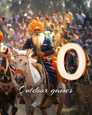 A Sikh man with a large beard and turban riding a decorated horse, with a large golden '0' in the background.
