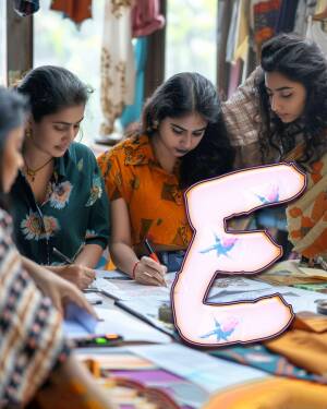 Four young women collaborating on an art project with a large letter 'E' in the foreground.