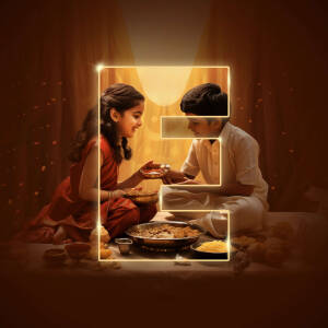 A heartwarming image depicting a brother and sister celebrating Raksha Bandhan with sweets and a glowing 'E' frame.