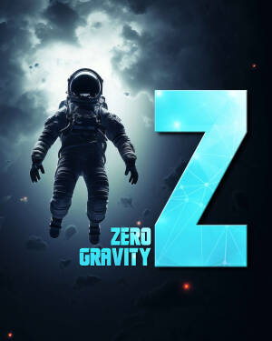 Astronaut floating in space with a large letter Z and the words 'Zero Gravity'