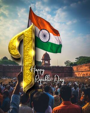 Indian flag waving with a crowd and historical monument in the background
