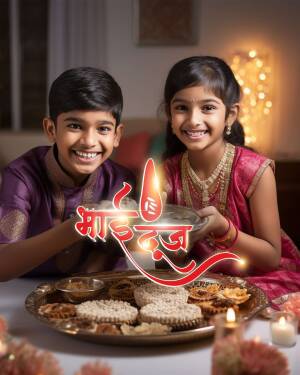 Two Indian children smiling and holding a traditional oil lamp and sweets during Makar Sankranti festival.