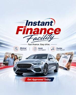 A promotional poster for an instant car finance facility featuring a silver sedan, a couple, and loan approval document.