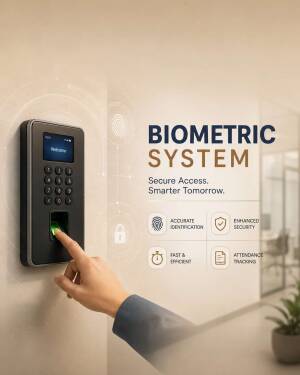 A hand using a modern biometric fingerprint scanner mounted on a wall for secure access control in an office environment.