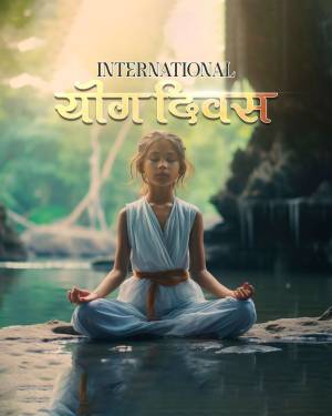 Young girl meditating on a rock near a stream for International Yoga Day