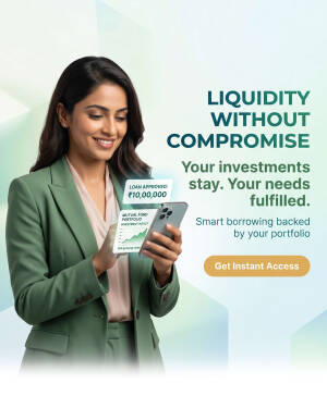 Professional woman smiling while viewing a digital loan approval notification on her smartphone against a clean business background.